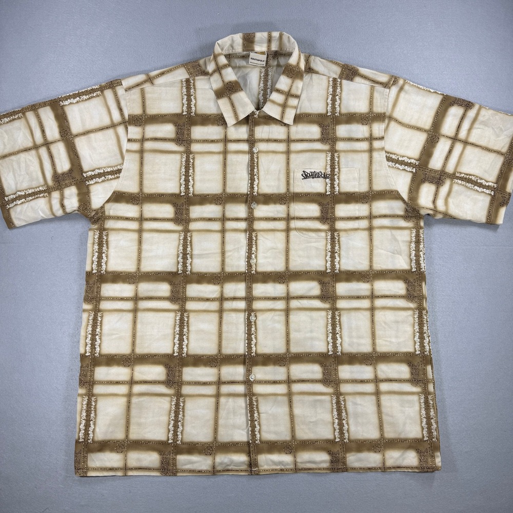 Southpole Button Up Shirt Mens XXL Tan Plaid Short Sleeve Y2K AOP Skater Hip Hop